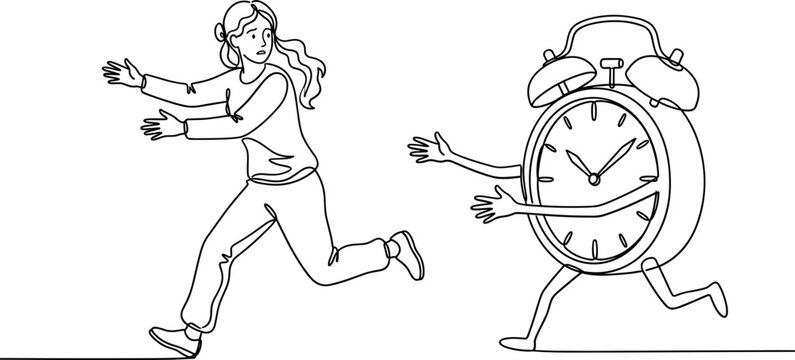 A woman running away from a giant alarm clock in fear of running out of time.
