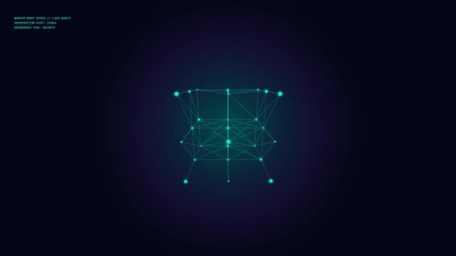 Futuristic 4K quantum computing motion loop featuring 3D rotating qubit processor lattice, laser connectivity arcs, glowing energy nodes.