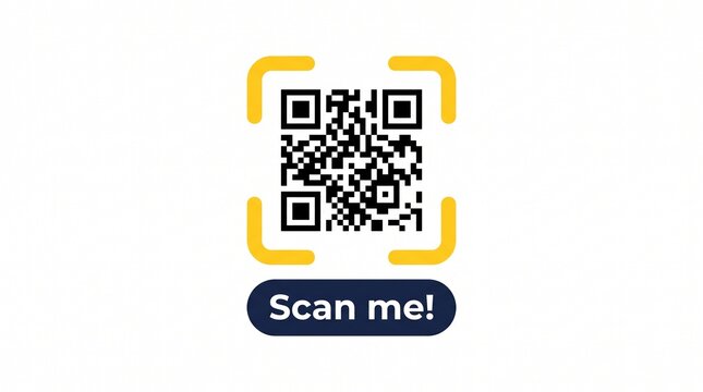 Black and white qr code with yellow corner brackets and blue scan me text with rounded rectangular speech