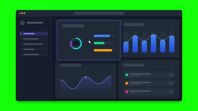 Modern dark mode data dashboard ui with charts on green screen