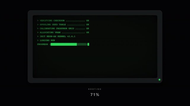 Premium 4K seamless loop of a retro terminal typing a loading bar. Green phosphor CRT, scanlines and boot sequence text. Vintage loading animation for hacker, coding, retro gaming and cyber videos.