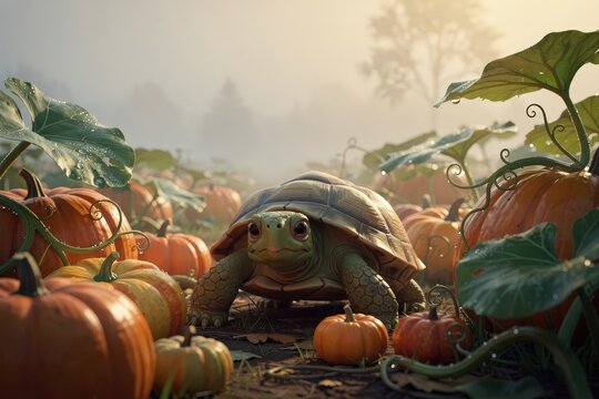 Charming Tortoise Exploring Pumpkin Patch in Misty Morning Light, Dew-Kissed Leaves and Vines, Soft Autumnal Hues, Capturing Tranquility and Nature's Bounty