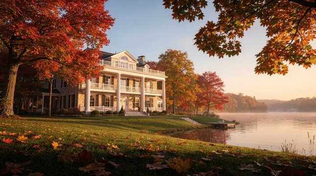 Grand Colonial Mansion Nestled by Tranquil Lakeside in Vibrant Autumn Setting, Warm Morning Light Illuminating Colorful Foliage, Mist Rising from Water, Capturing Serenity and Elegance