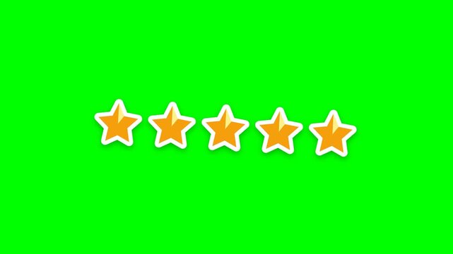 High quality 4K seamless looping motion background featuring a classic 2D 5-star rating sticker with sequential pop-in animation, dynamic 3D peel, organic floating, and white outline on a chroma key g