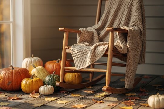 Cozy Wooden Rocking Chair Draped with Knitted Blanket on Sunlit Porch, Surrounded by Assorted Pumpkins and Autumn Leaves, Warm Afternoon Light, Rustic Fall Atmosphere, Capturing Seasonal Comfort