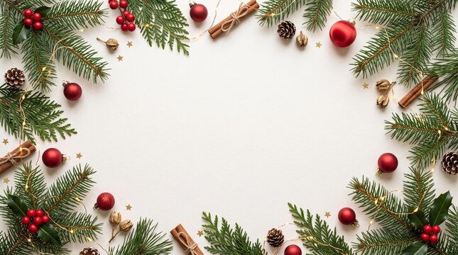 A festive Christmas background featuring pine branches, red ornaments, berries, and twinkling lights framing a clean white center space for holiday greetings.