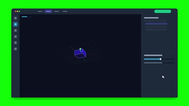 Software windows showing 3d object manipulation on green screen