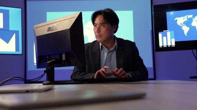 Businessman reviewing charts and data on global dashboard at computer workstation in office