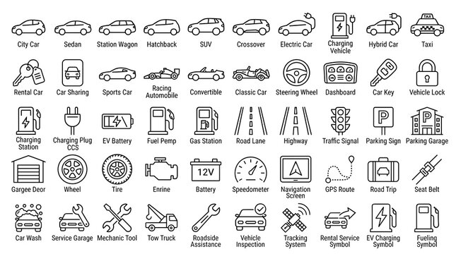 50 Modern Automobile Line Icons Featuring Electric Cars Taxi Racing Road Travel Car Rental Parking and Vehicle Service UI Vector Set