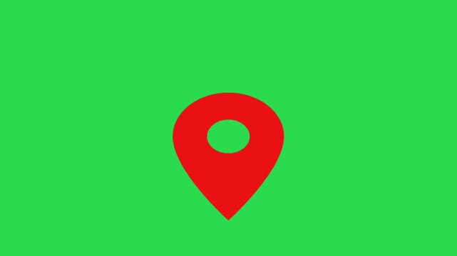 Red map location pin marker icon animation on green screen chroma key background