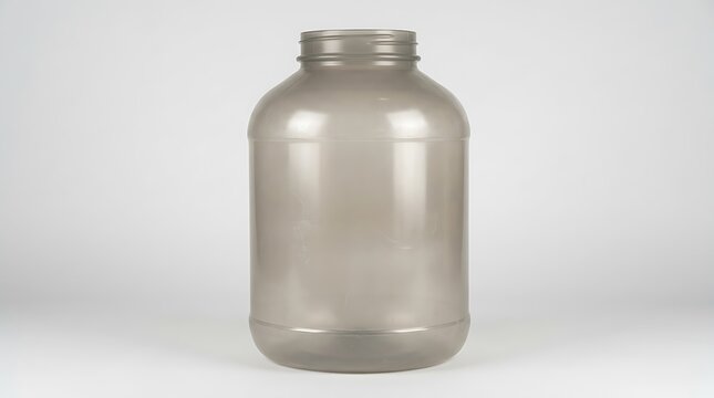 Large grey plastic jar for protein powder or supplements standing upright in a clean studio environment. industrial jug