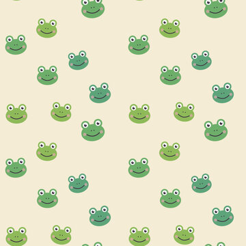 Happy frog faces seamless pattern with light background.