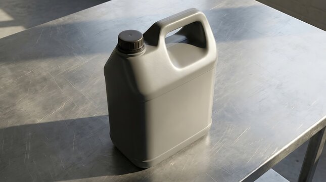 Grey plastic chemical jug with a black cap sitting on a shiny metal table in an industrial workspace. industrial jug