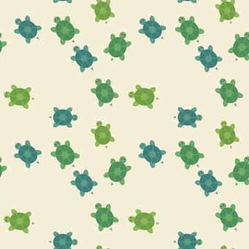 Green and blue turtles scattered on cream background.