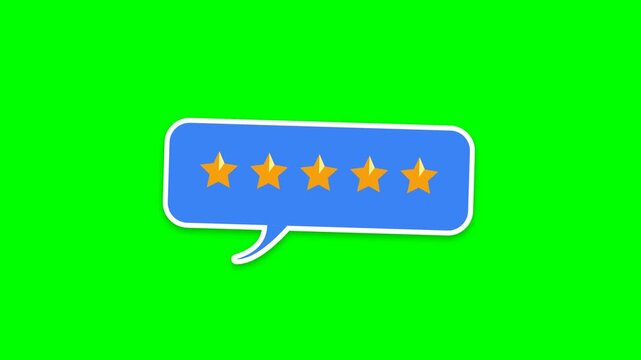 High quality 4K seamless looping motion background featuring a 2D chat bubble sticker with 5 popping golden stars inside, dynamic 3D peel, organic floating, and white outline on a chroma key greenscre
