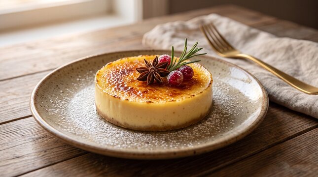 A delectable cr&egrave;me br&ucirc;l&eacute;e sits elegantly on a rustic ceramic plate, its caramelized sugar crust glistening under soft window light, garnished with star anise, cranberries, and a sprig of rosemary.