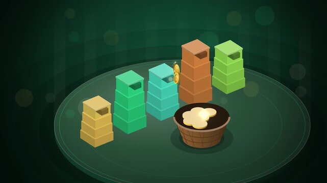 Isometric dividend towers with falling coins and basket on dark green