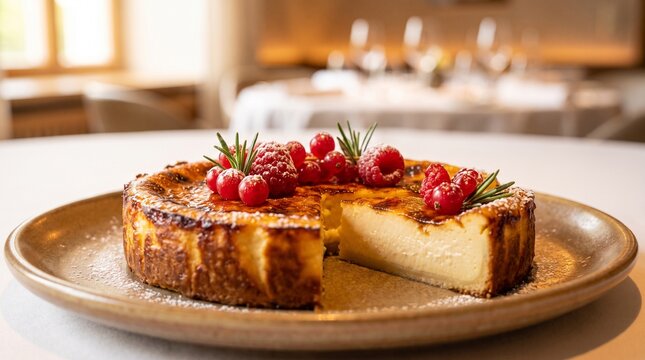 A delicious basque cheesecake topped with fresh raspberries and rosemary sprigs sits on a rustic plate, its creamy interior and caramelized crust hinting at a delightful dessert experience.