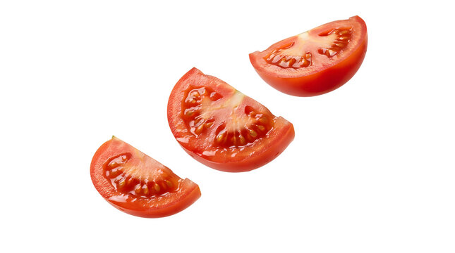 Three fresh juicy red tomato wedges floating and falling diagonally in mid-air against a clean solid white background, showcasing wet glistening seeds and pulp inside each cut piece of ripe produce