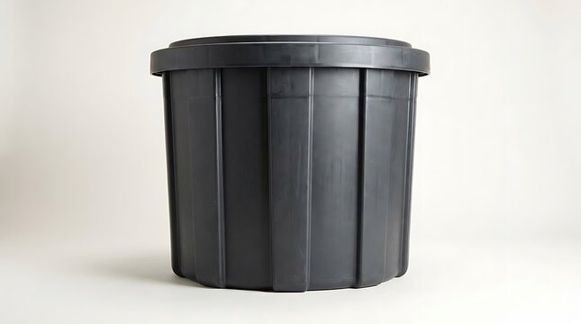 Large black plastic storage bin with a secure lid for home organization and industrial waste management. thick-walled container
