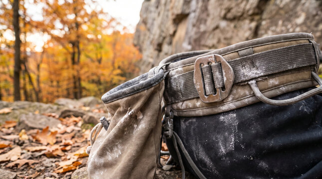 Climbing chalk bag resting on ground during autumn in nature  