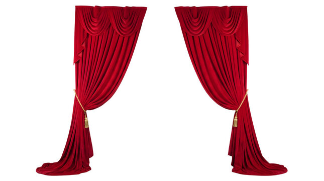 Two heavy crimson velvet theatrical stage curtains pulled open symmetrically, featuring ornate swags across the top headers and elegant golden rope tiebacks with hanging tassels, isolated on white