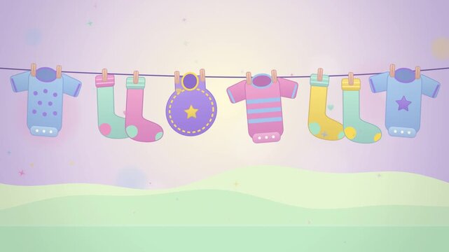 Baby bodysuits socks and a bib swaying on a lavender clothesline