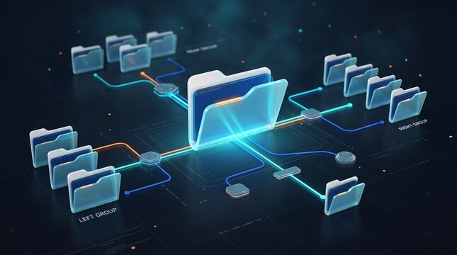 Organized folder structure with glowing digital lines connecting to groups representing efficient data classification and hierarchical information management systems