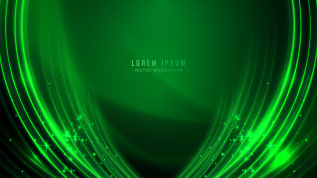 Abstract green curved light vector background with glowing particles