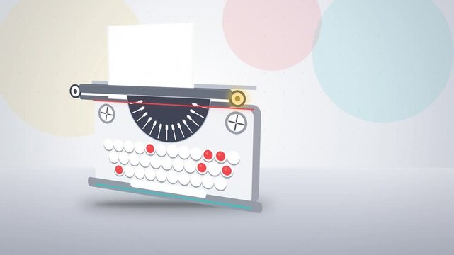 Retro white typewriter with red keys typing close-up on pastel