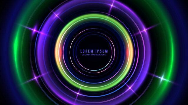 Abstract neon concentric rings vector background, colorful glowing circular technology