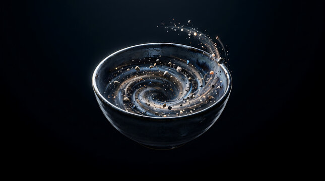 Cosmic galaxy swirl inside a ceramic soup bowl, surreal galaxy in a bowl featuring shimmering stellar glitter and deep space vortex details, dark moody food photography styling with glowing