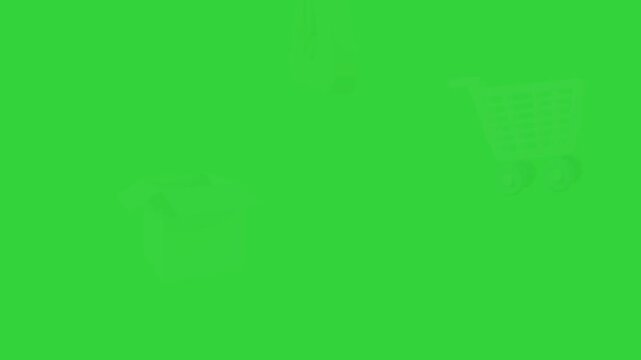 Animated 3D Icons of an Open Box, Warning Sign, and Shopping Cart on Green Screen Background