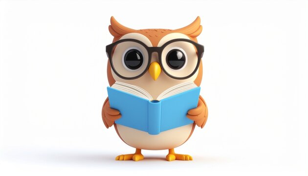 Cute cartoon owl wearing glasses reading a blue book isolated on white background.