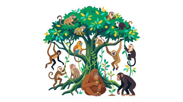 An illustration of a diverse group of primates, including monkeys, apes, an orangutan, and a chimpanzee, interacting with a large, lush green tree in a jungle setting.