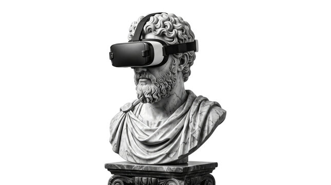 Classical marble bust wearing virtual reality headset.