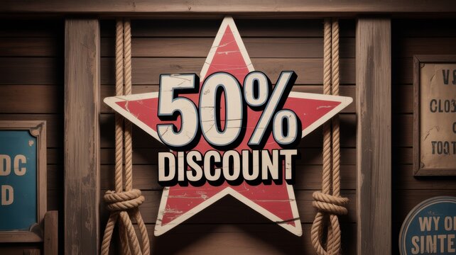 A red star sign displaying a fifty percent discount hanging on a rustic wooden wall with rope accents with discount text hangs