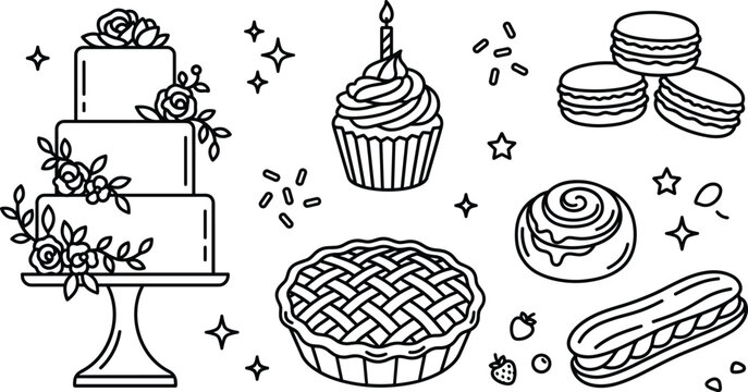 Bakery and sweet dessert line icon set featuring wedding cake cupcake birthday candle pie macaron eclair cinnamon roll