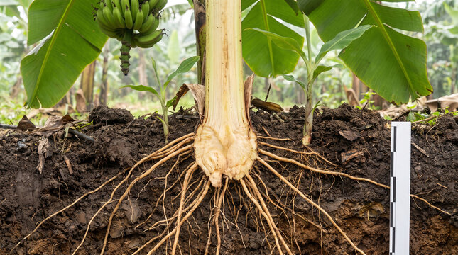 A botanical cutaway showing the banana plant's underground corm, fibrous roots, and developing shoots within moist tropical agricultural soil.