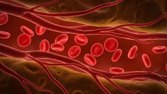 Red blood cells flowing through a blood vessel, illustrating human circulation.
