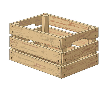 Light brown wooden slat crate for transporting fruit and vegetables. Transparent background.
