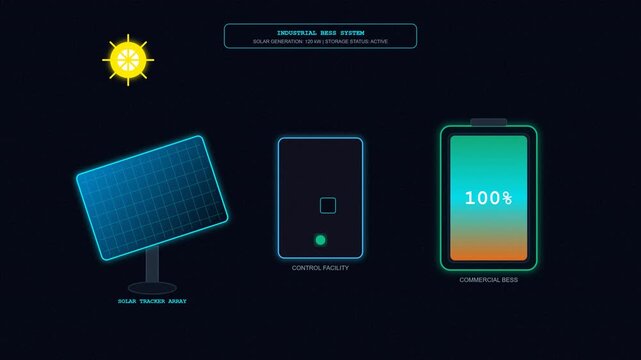 Solar energy power system showing sun rays hitting the photovoltaic panel connecting to the control unit and finally storing electrical capacity into a fully charged battery for sustainable
