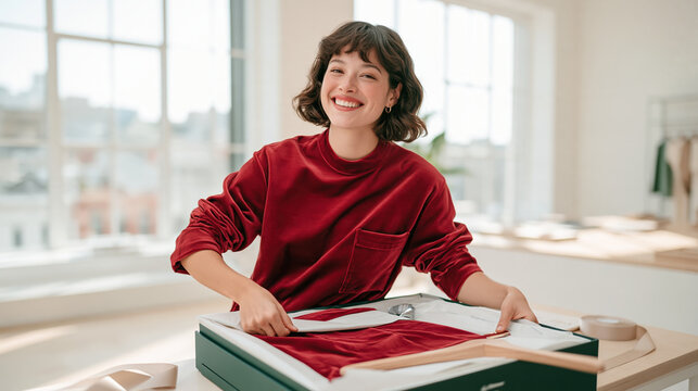 Smiling woman red shirt fashion designer ecommerce workroom with fabric sample