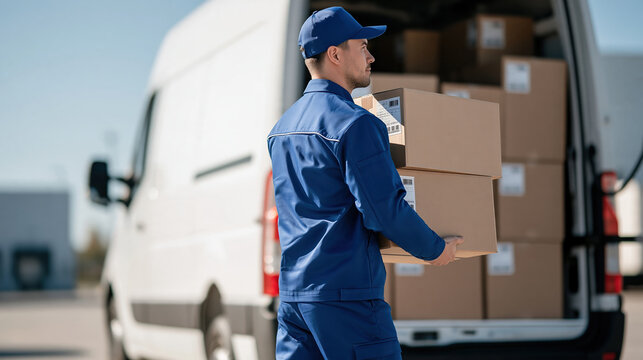 Ecommerce delivery worker carrying package beside cargo van