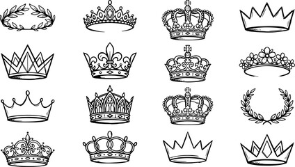 Black and white crown icons collection featuring ornate royal tiaras for luxury branding identity © Aklima