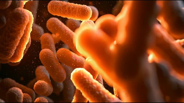 Bacteria move and interact closely under a microscope. Light enhances their details, showcasing their structure in vivid detail.