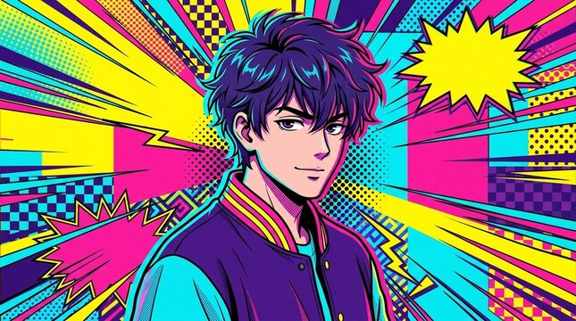 Anime style young man in varsity jacket on pop art background
