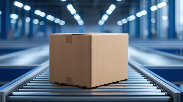 Cardboard box ecommerce conveyor belt warehouse package logistics shipping industrial storage