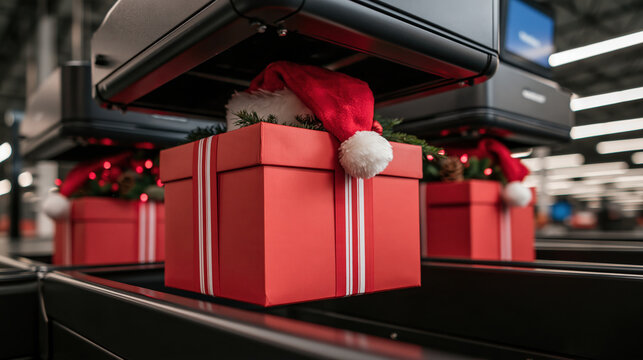 Red gift box Santa hat conveyor belt ecommerce fulfillment