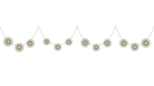 Isolated decorative string of glowing golden star shaped fairy lights transparent background